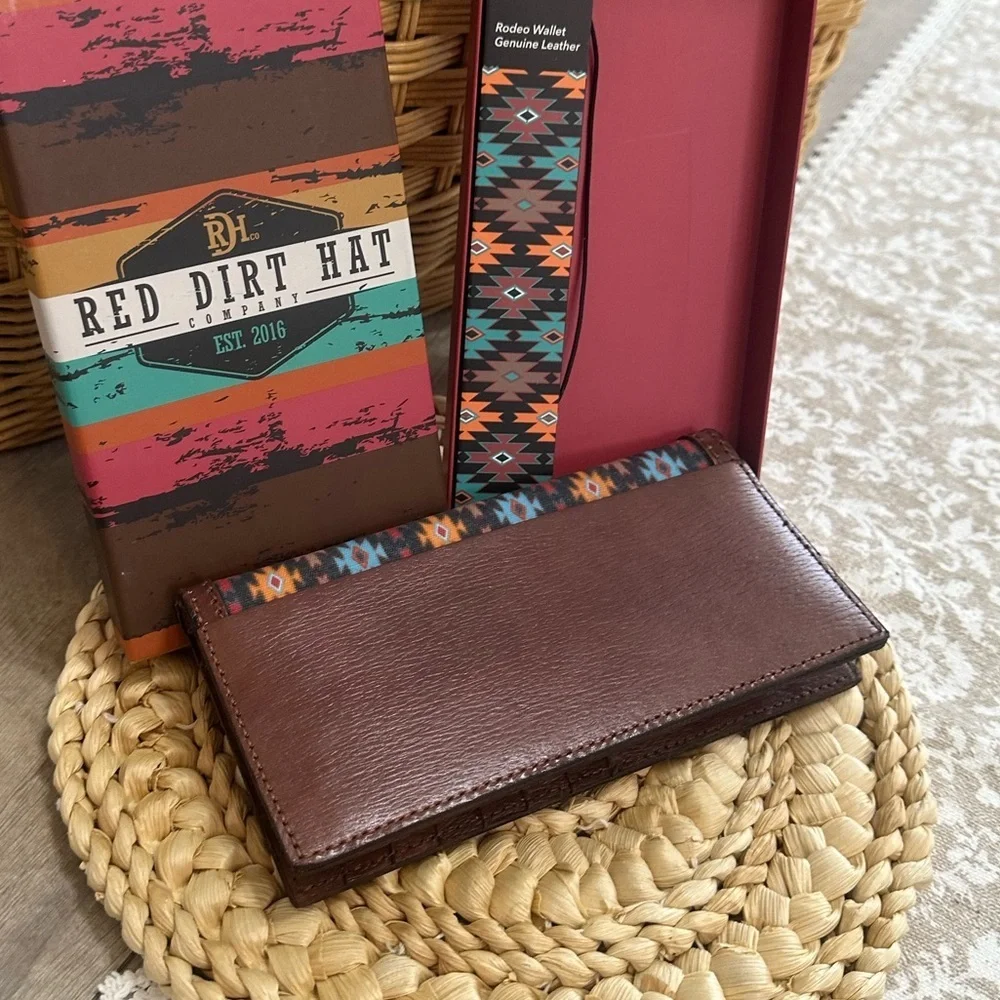 Red Dirt Hat Co Mens Rodeo Southwest Canvas Inlay Wallet Genuine Leather New